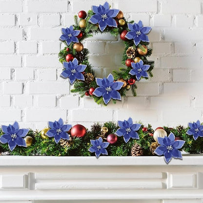 WILLBOND 24 Pcs 3 Size Poinsettia Flower Artificial Christmas Decor Glitter Poinsettia Christmas Ornaments Faux Flowers for Xmas Tree Outdoor(4/6/7.9 Inches,Navy Blue)