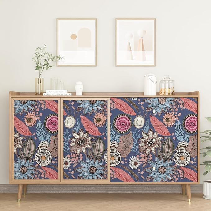 Blue Pink Wallpaper Peel and Stick,Vintage Boho Floral Contact Paper 17.5" x 393", Retro Antique Botanical Flowers Wall Paper Self Adhesive Removable Waterproof for Bathroom Shelves Cabinet Table