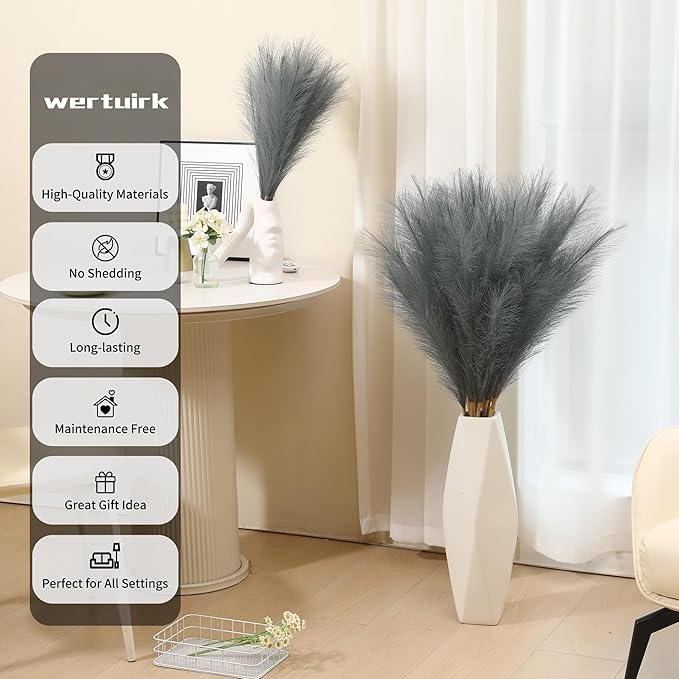 9 Stems Grey Pampas Grass - 38 Inch Tall Faux Pompous Grass Bulk, Large Artificial Pompas Floral for Vase Filler, Wedding Flower Arrangement and Home Decor (Grey)