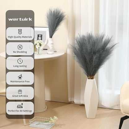 9 Stems Grey Pampas Grass - 38 Inch Tall Faux Pompous Grass Bulk, Large Artificial Pompas Floral for Vase Filler, Wedding Flower Arrangement and Home Decor (Grey)