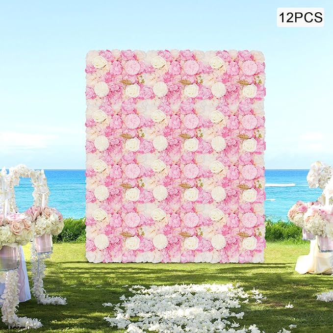 12Pcs Artificial Flower Wall Panel,3D 15" X 15" Silk Rose Mat Artificial Flower Wall,Decorative Backdrop Flower Panels Wall for Wedding Party Stage Baby Shower Decor (Pink,White)