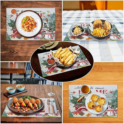 Merry Christmas Placemats Buffalo Plaid Red Truck with Christmas Tree, Winter Snowy Snowflake Snowman Placemats Table Kitchen Dining Party 12x18 Inch Set of 4