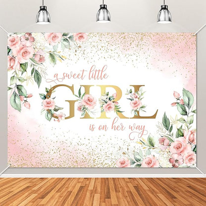 Avezano Girl Baby Shower Backdrop Pink Floral Sweet Baby Baby Shower Banner A Sweet Little Girl is on Her Way Party Decorations Banner (8x6ft)