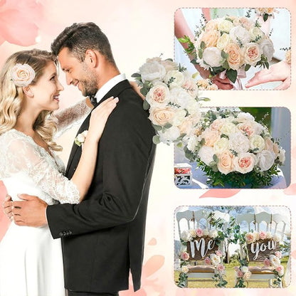 98 Pcs Assorted Faux Flowers Heads with Stem Eucalyptus Leaves Silk Artificial Flowers Bouquet Floral Table Centerpieces for DIY Wedding Party Wreath Home Decoration(Champagne,Stylish Style)