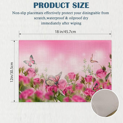 Spring Pink Rose Placemats Set of 4, Floral Butterfly Linen Place Mats Heat Resistant Non-Slip Washable Table Mats for Dining Kitchen Party Decor 12"x18"