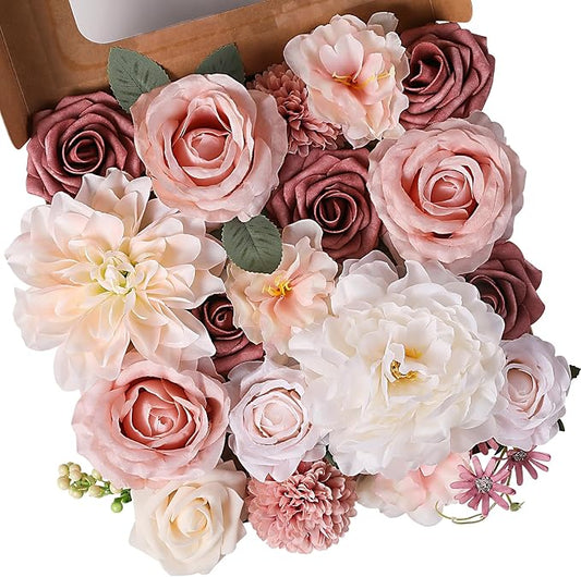 Artificial Flowers Combo, Mix Silk Flowers Roses, Peonies, Dahlias with Stems for DIY Wedding Bridal Bouquets, Baby Shower, Table Centerpieces, Home Decor, Fake Floral Arrangements-Blush Pink