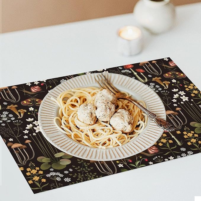 Mushroom Placemats Set of 4,Vintage Forest Moth Table Mats Heat Resistant Washable for Kitchen Dining Table Spring Summer Place Mats Linen 12x18 Inch 4 PCS, Style-4