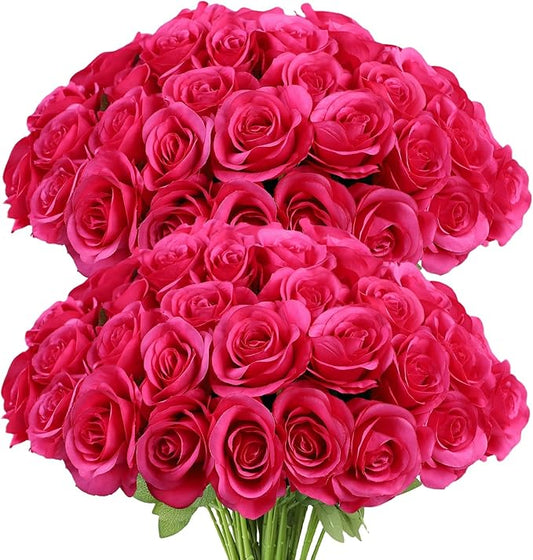 Artificial Rose Flower Artificial Flowers Flower with Long Stem Silk Roses Bouquet for Wedding Bridal Shower Party Home Decoration (Hot Pink, 50 Pcs)
