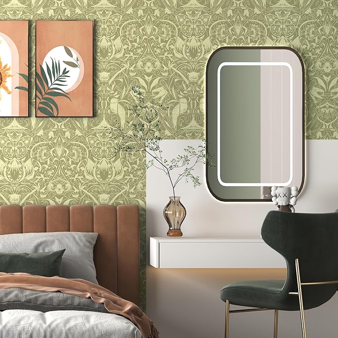 Vintage Peel and Stick Wallpaper Boho Bird Wall Paper Floral Contact Paper for Bedroom 17.3" X 197" Removable Wallpaper Self Adhesive Olive Green Botanical Decorative Wallpapers Bathroom Kitchen Vinyl