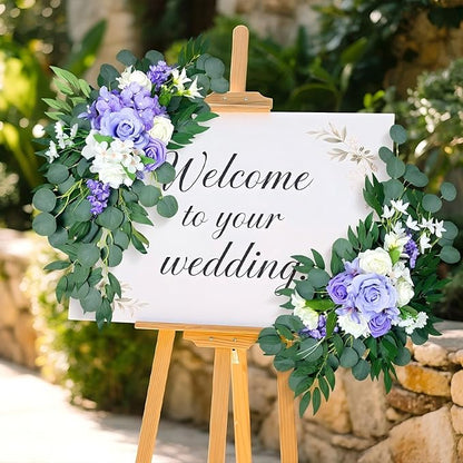 Artificial Wedding Arch Flowers (Pack of 2), White Wedding Flowers for Wedding Welcome Ceremony Sign Faux Floral Swags, Banquet and Reception Backdrop Floral Decoration (White & Purple)