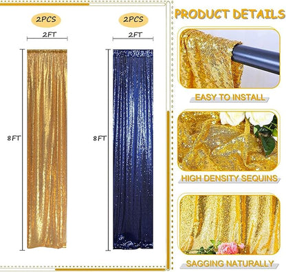 Sequin Backdrop Curtain 4 Panels 2FTx8FT Glitter Background Drapes Gold and Navy Blue Sparkle Photography Backdrop for Party Wedding Birthday Wall Decoration