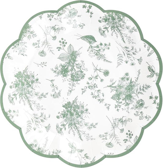24Pcs Sage Green Floral Party Plates Vintage Floral Leaf Disposable Paper Plates Wildflower Toile 7" Scalloped Rim Dessert Plate for Christmas Birthday Bridal Tea Party Supplies