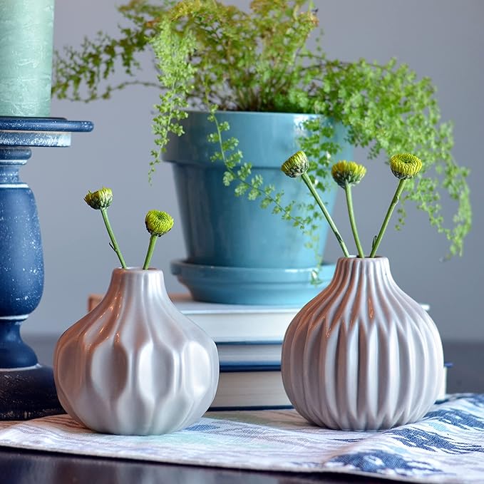2 Piece Iconic Scandi Vase Set, Neutral Beige, Geometric, Stoneware, 4.25 Inches, Bud Flower Opening, Gourd Shape, Single Stem Vessel