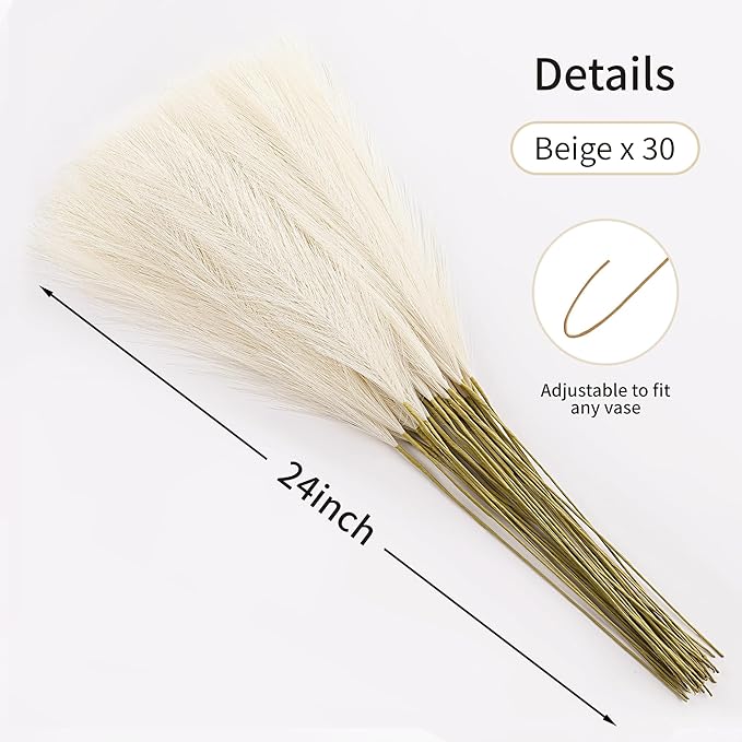 Faux Beige Pampas Grass - 30pcs 24 Inch Boho Home Decor, Artificial pompas Floral, Small Fake Pompous Grass for Table Centerpieces, Wedding and Baby Shower Decorations (Beige, 30 Pieces)