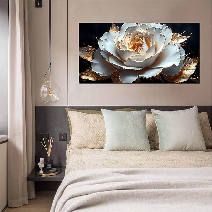 Large White Flower Canvas Wall Art for Living Room Bedroom Home Office Black and White Flower Picture Modern Canvas Prints Framed Wall Decor Artwork Size 24x48