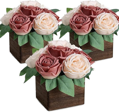 Dining Table Centerpiece Set of 3 - Pre-Made Aritifial Rose with Wooden Vase Fake Floral Arrangment Faux Flower for Wedding Bridal Tea Party Event Decorations - Dusty Pink & Champagne