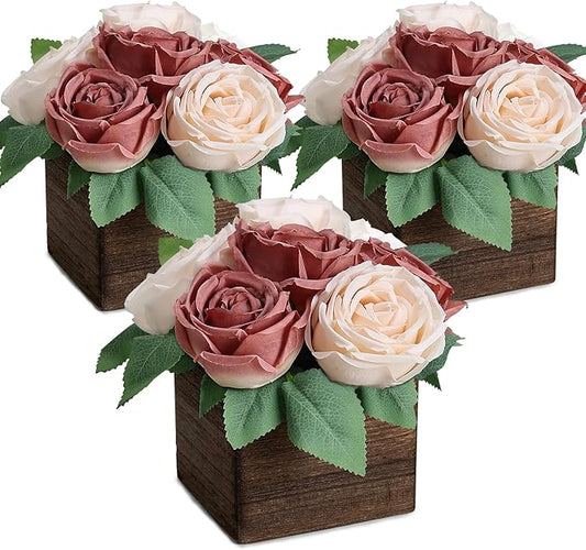 Dining Table Centerpiece Set of 3 - Pre-Made Aritifial Rose with Wooden Vase Fake Floral Arrangment Faux Flower for Wedding Bridal Tea Party Event Decorations - Dusty Pink & Champagne