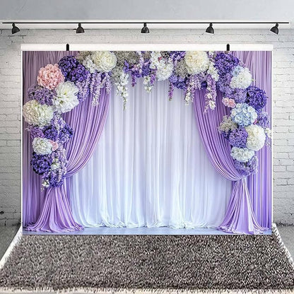 20x10ft Flower Photo Backdrop Floral Purple Photography Background White Curtain Spring Wedding Baby Shower Girl Princess Birthday Party Supplies Photo Studio Props