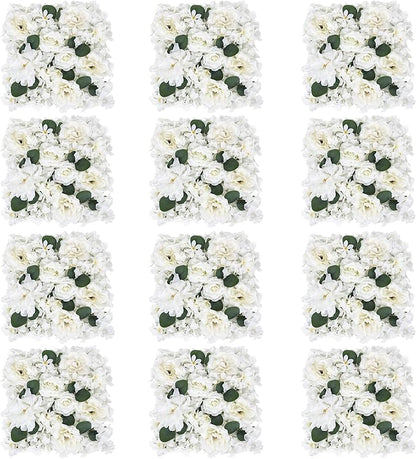 Pack of 12 Artificial Silk Flower Panels, Faux Floral Wall Background for Wedding Party Engagement Bridal Shower Arrangement Home Decorations - White