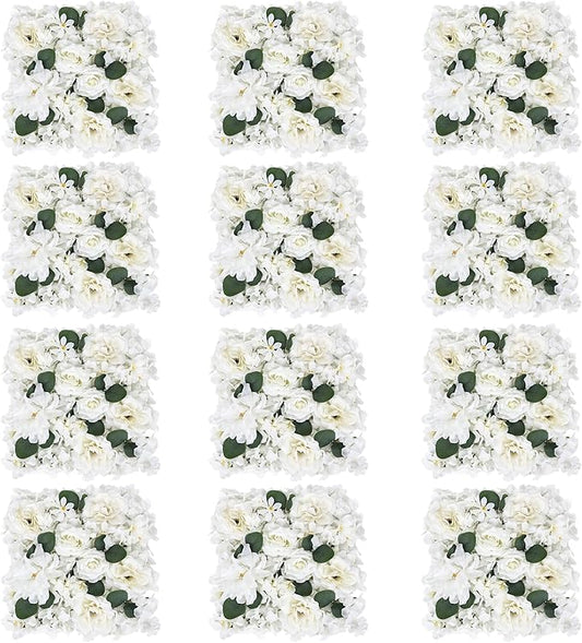 Pack of 12 Artificial Silk Flower Panels, Faux Floral Wall Background for Wedding Party Engagement Bridal Shower Arrangement Home Decorations - White