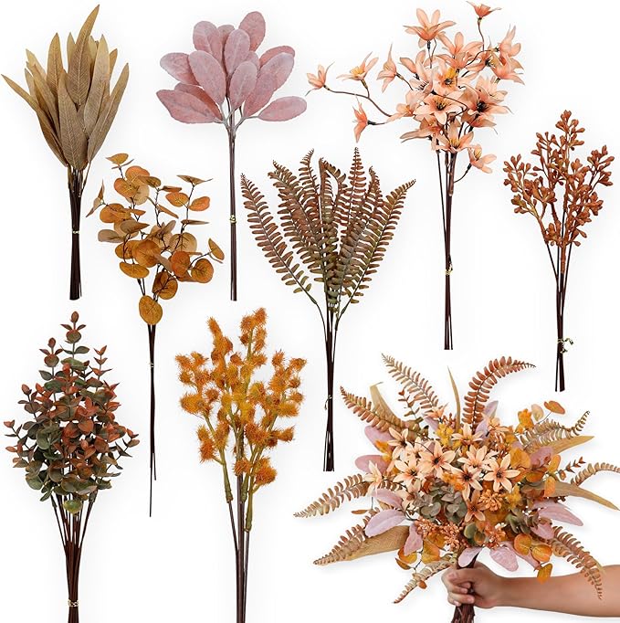 FOTEEWL 75 Pcs Artificial Greenery Stems Box Set,with 8 Kinds of Faux Plants and Fake Flowers for DIY Bridal Bouquets Wedding Floral Arrangement Table Centerpieces Fall Decoration (Orange)