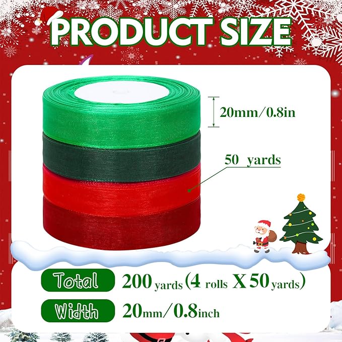DECYOOL 4 Rolls 200 Yards Christmas Ribbons for Gift Wrapping, 4/5" Wide Christmas Organza Ribbon Xmas Holiday Chiffon Ribbons for Wreaths Festival Decoration (Red, Green, Wine Red, Dark Green)