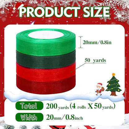 DECYOOL 4 Rolls 200 Yards Christmas Ribbons for Gift Wrapping, 4/5" Wide Christmas Organza Ribbon Xmas Holiday Chiffon Ribbons for Wreaths Festival Decoration (Red, Green, Wine Red, Dark Green)