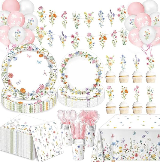 175 PCS Spring Wildflower Party Decorations include Plates, Cups, Napkins, Cutlery, Cake Toppers, Banner, Tablecloth, Balloons for Floral Baby Shower Birthday Decorations, Serves 20