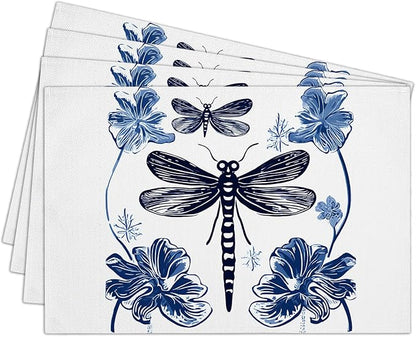 Cotton Linen Waterproof Placemats Set of 4, Dragonfly Blue Dining Mat Table Mats Decor Fabric for Kitchen Dinner Coffee Shop Table, Indoor/Outdoor Washable Wipeable Placemat -N037