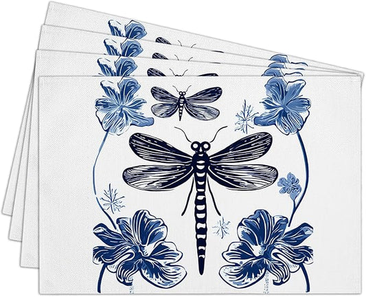 Cotton Linen Waterproof Placemats Set of 4, Dragonfly Blue Dining Mat Table Mats Decor Fabric for Kitchen Dinner Coffee Shop Table, Indoor/Outdoor Washable Wipeable Placemat -N037