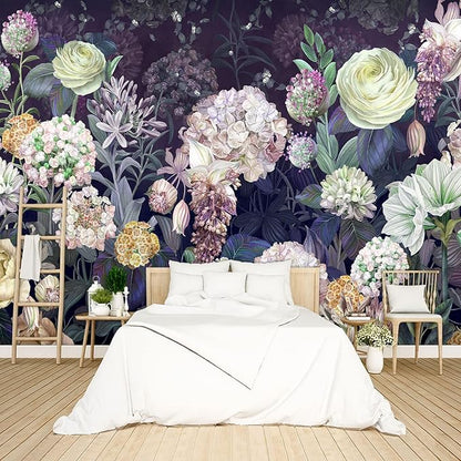 Black Floral Wallpaper Bedroom Purple Botanical Flowers Leaf murals Living Room tv Background Large Wall Mural Aesthetic Room Decor - 160"x108" Not Peel and Stick