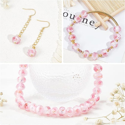 PH PandaHall 45pcs 11~12mm Pink Rose Lampwork Glass Beads Silver Foil Glass Flower Beads Floral Handmade Lampwork Bead with 1.6~2mm Hole Round Loose Bead for Rosary Making Jewelry Craft Making