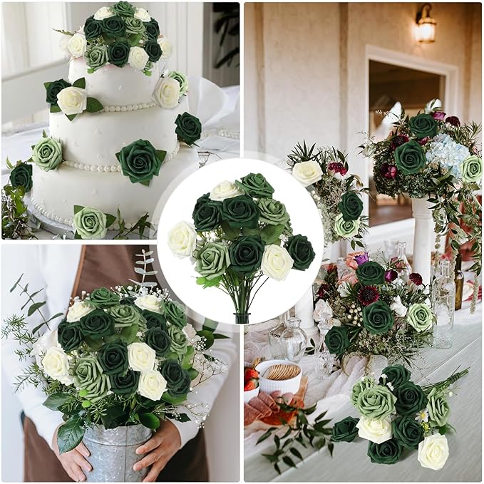 100 Pieces Artificial Foam Rose Flowers Faux Bouquet with Leaves and Stems for DIY Wedding Bouquets Centerpieces Bridal Shower Party Valentine Home Decorations(Gradient Green)