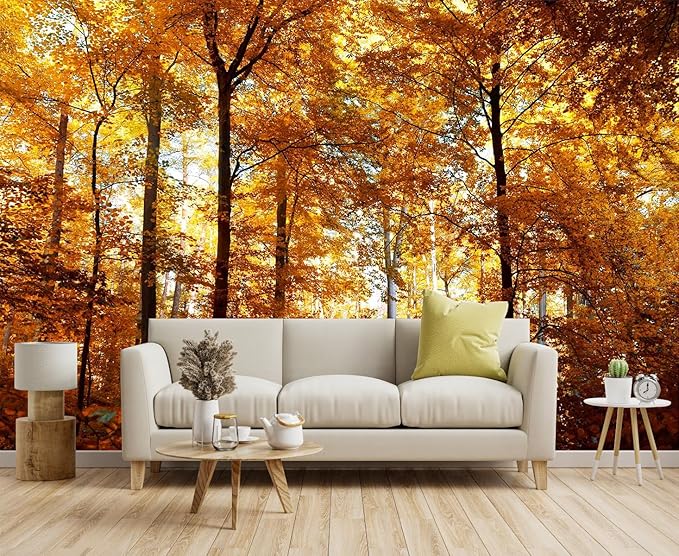 Beautiful Fall Colors in The Forest Wallpaper, Bedroom, Living Room, Bathroom Background Wall Decor Forest Yellow Leaves Mural（Non-self-Adhesive）