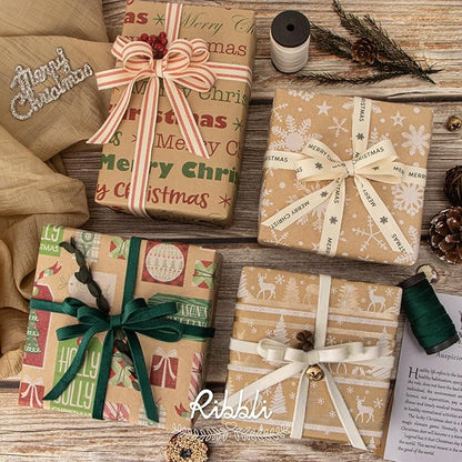 Ribbli Christmas Wrapping Paper, 4 Rolls Vintage Kraft Wrapping paper, 17 Inch x 10 Feet Per Roll, Snowflakes Christmas Tree Gift Box Printed Assortment