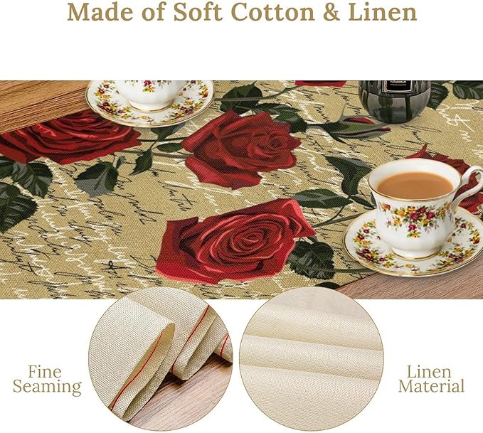 Red Rose Print Table Runner, Vintage Rose Spring Summer Seasonal Romantic Valentines Dinner Runner Table Decoration for Home Kitchen Dining Holiday Wedding Party 13x108in