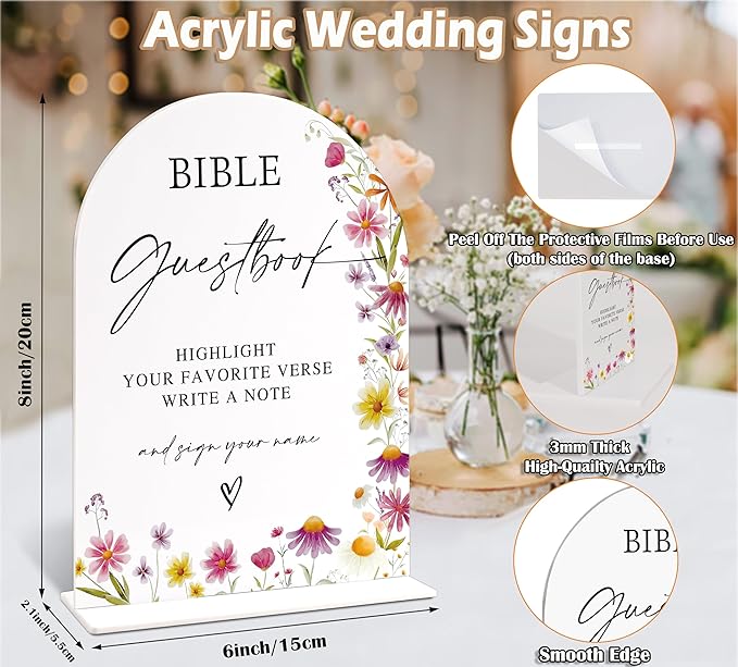 Bible Guest Book Sign for Wedding Table Decor, Wild Flower Arch Acrylic Wedding Signs for Reception, Love Is In Bloom Bridal Shower Floral Engagement Party Decorations, 6x8 Inch