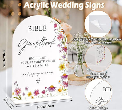 Bible Guest Book Sign for Wedding Table Decor, Wild Flower Arch Acrylic Wedding Signs for Reception, Love Is In Bloom Bridal Shower Floral Engagement Party Decorations, 6x8 Inch