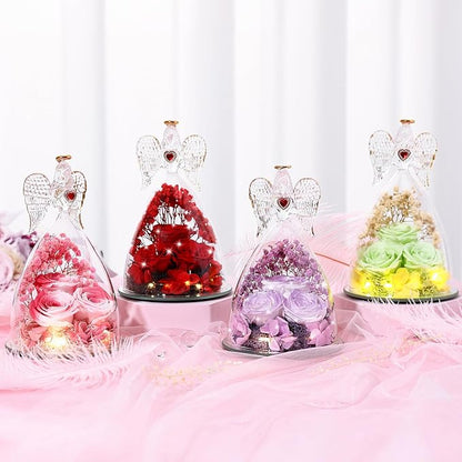 Mothers Day Rose Gifts for Women, Large Angel Figurines with Real Roses, Preserved Real Flower Rose for Her, Crystal Red