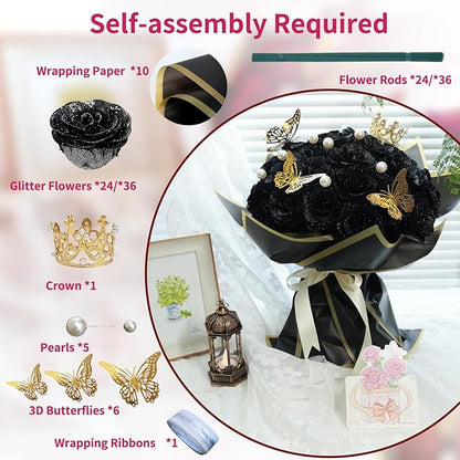 Glitter Roses Bouquet, Shiny Artificial Flowers with Stems DIY Fake Glitter Flowers Bouquet for Valentine's Day, Mother's Day, Anniversary, Graduation, Birthday, 24 Roses (Black)