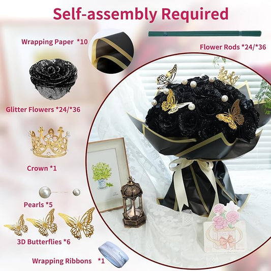 Glitter Roses Bouquet, Shiny Artificial Flowers with Stems DIY Fake Glitter Flowers Bouquet for Valentine's Day, Mother's Day, Anniversary, Graduation, Birthday, 24 Roses (Black)