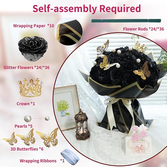 Glitter Roses Bouquet, Shiny Artificial Roses Flowers with Stems DIY Fake Glitter Flowers Bouquet for Valentine's Day, Mother's Day, Anniversary, Graduation, Birthday, 36 Roses (Black)
