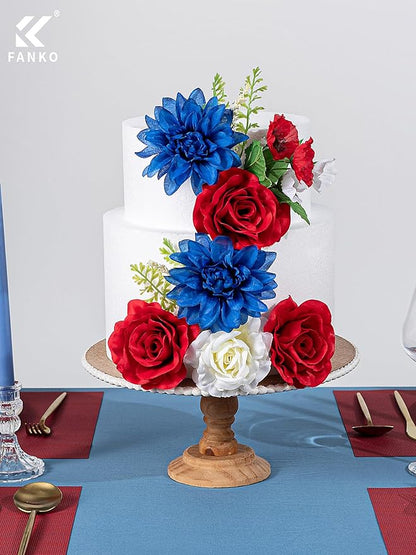 FANKO Artificial Flower Memorial Day Flowers, Mixed Red Blue White Silk Flowers Bouquet Fake Rose Blue Dahlia for Veterans Day Independence Day Grave Patriotic Decor