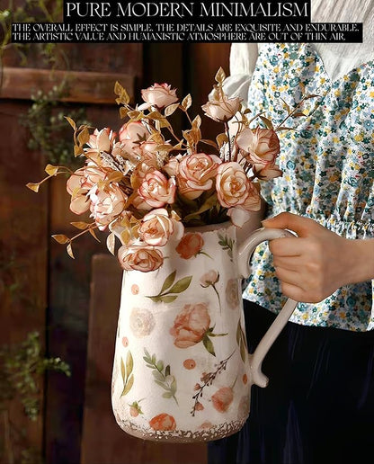 Retro Rustic Large Ceramic Vase with Handle, Distressed Farmhouse Pitcher for Home, Ideal Shelf Decor Floral Vase for Living Room Bedroom Office Table Centerpiece Decorations 9 Inch