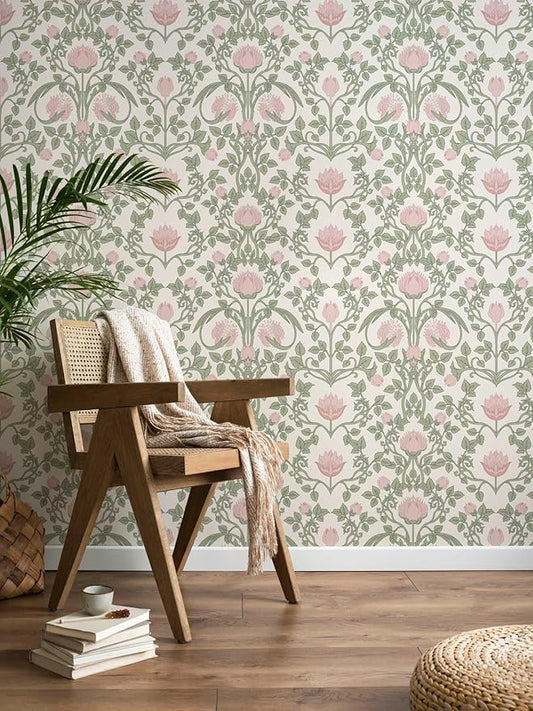 Floral Wallpaper Peel and Stick - 393.7" × 17.3" Pink and Green Wallpaper for Bedroom Decorative Self Adhesive Shelf Drawer Liner