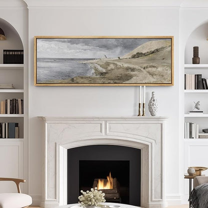 SIGNFORD Large Framed Canvas Print Wall Art Coastal Dunes Landscape Serene Seaside Illustrations Modern Art Relax/Calm Warm for Living Room, Bedroom, Office - 60"x20"