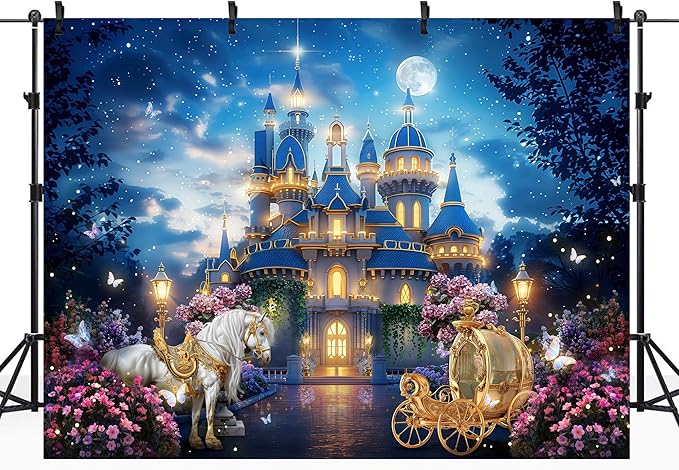Riyidecor Princess Castle Backdrop Polyester Fabric Garden Floral Starry Night Horse Carriage 8Wx6H Feet Fairy Tale Wonderland Photography Background Wedding Birthday Photo Studio Shoot