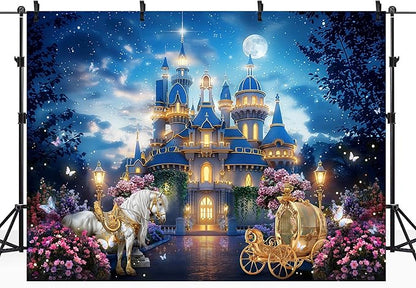 Riyidecor Princess Castle Backdrop Polyester Fabric Garden Floral Starry Night Horse Carriage 8Wx6H Feet Fairy Tale Wonderland Photography Background Wedding Birthday Photo Studio Shoot
