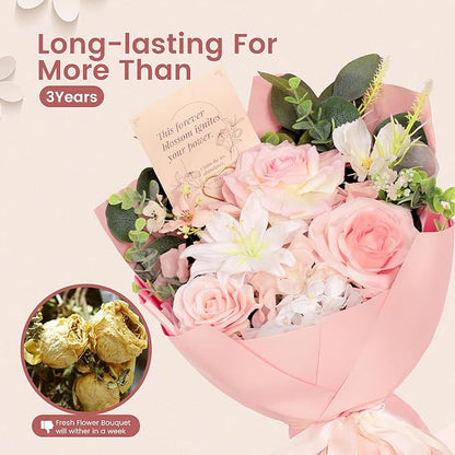 TINGE TIME Aritifical Flowers Bouquet, Pink Roses Gift Bouquet, Birthday Gifts for Women, Eternal Roses Bouquet for Grandma Wife Anniversary (PeachPink&White)