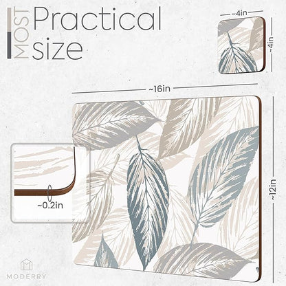 Set of 4 Heat Resistant Cork Placemats for Dining Table with Free Set of 4 Matching Drink Coasters Marble Design 16 x 12 Inches Cork Backed Hard Placemats (Farmhouse Rustic Leaves)